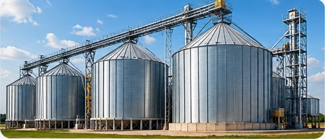 Steel grain silos with grain handling equipment